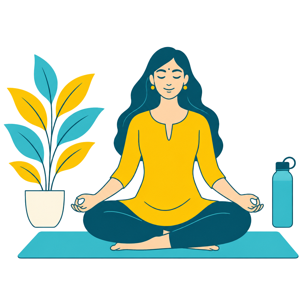 Cyan and yellow illustration of a woman practising mindful movement