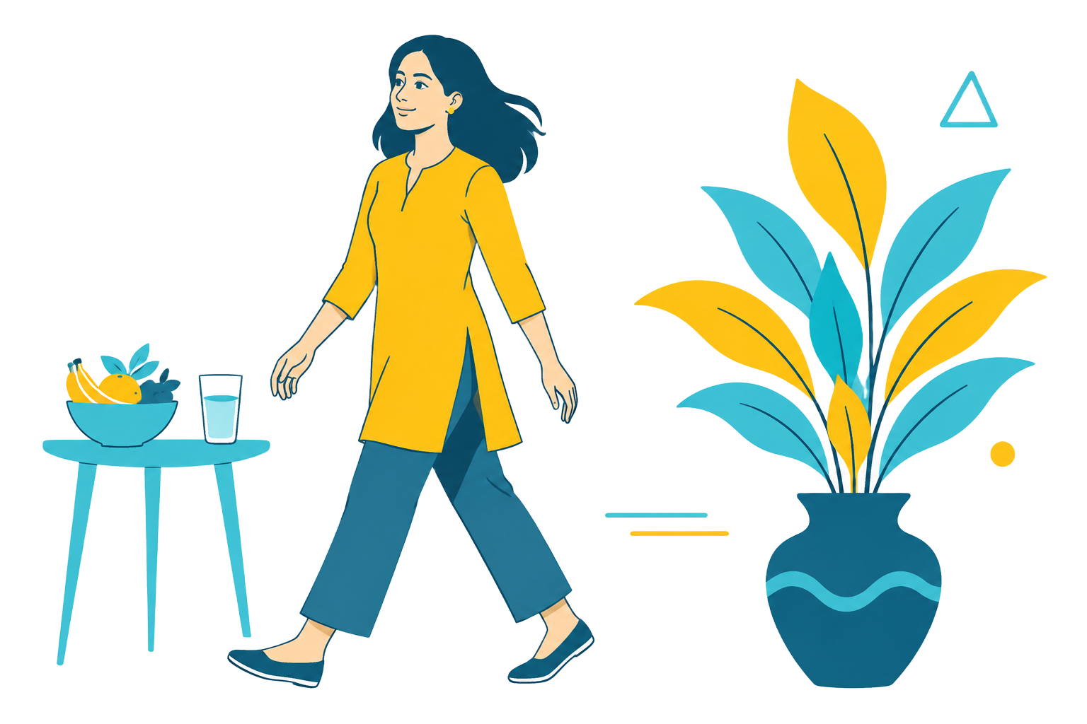 Illustration of a woman walking alongside nourishing food and a cyan and yellow plant